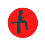 Silhouette of the fishing boy, at red round circle, at white background, clipart