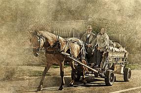 horse farm wagon old couple art