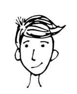 Black and white drawing of the smiling boy, at white background, clipart