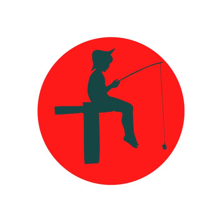 Silhouette of the fishing boy, at red round circle, at white background, clipart