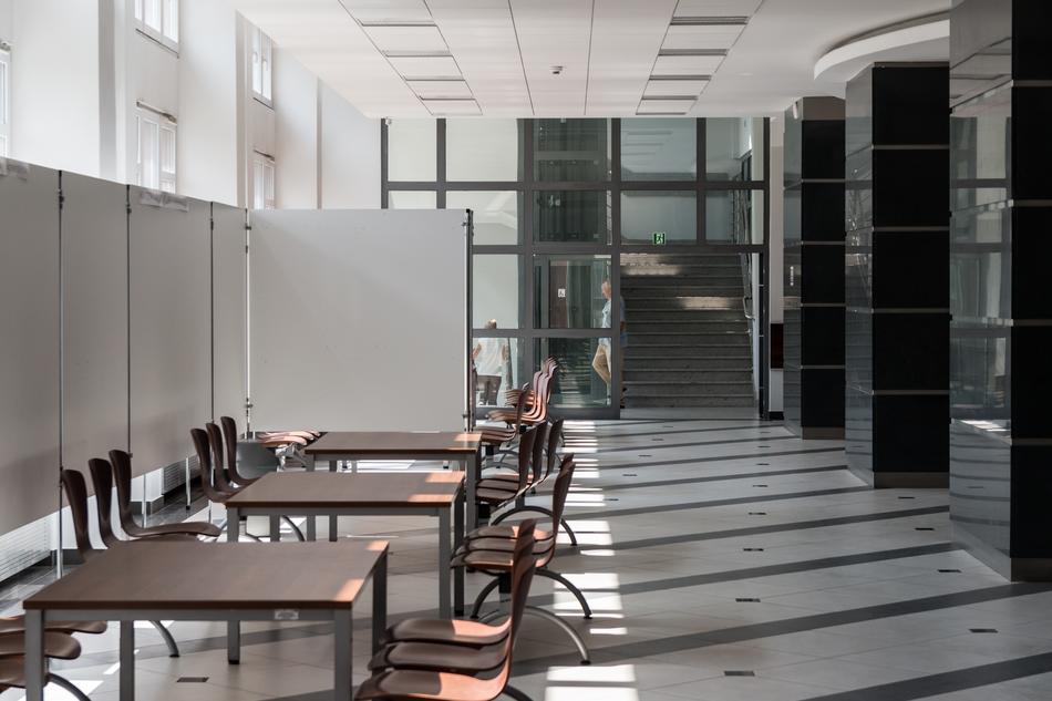 Corridor of the university, with the tables and chairs, in Kielce, Poland