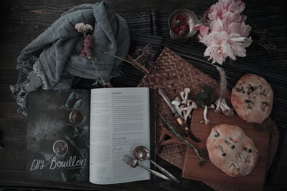 Baking with mushrooms and a magazine