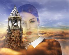 Transparent portrait of the beautiful girl, among the colorful clouds and tower, clipart