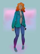 Beautiful and colorful drawing of the girl, with the orange hair, at colorful background, clipart