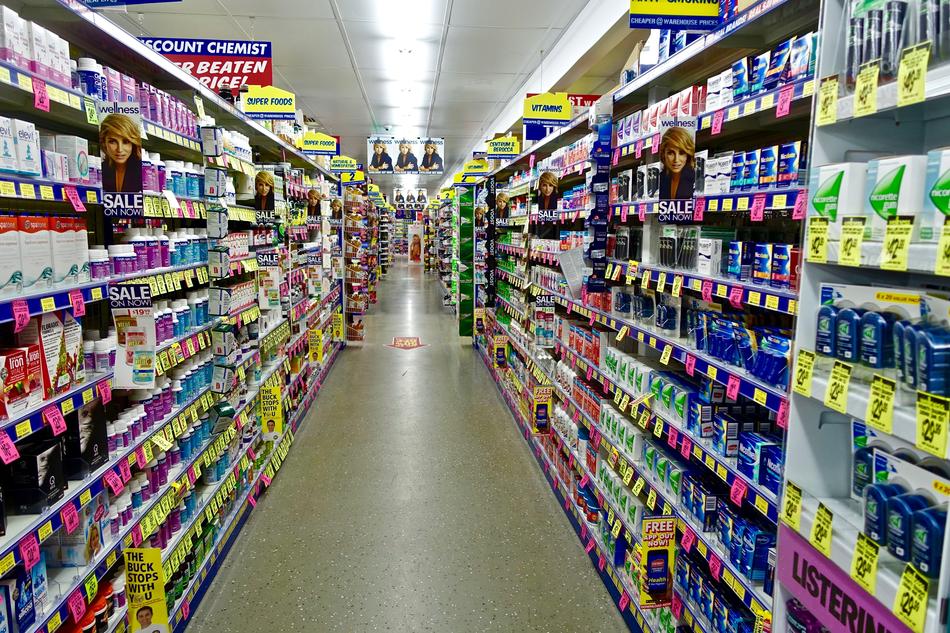 Colorful chemical products on the shelves, in the store