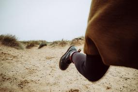 View of the leg, with the shoe, of the running person, in the dunes with colorful plants