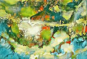 mixed media, colorful coastline landscape