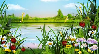 green tarva flowers lake lake painting