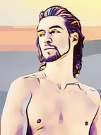 Colorful painting of the bearded man, with the bare chest, clipart