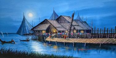 Beautiful and colorful painting of the colorful house on the pier, among the water with boats, in Myanmar