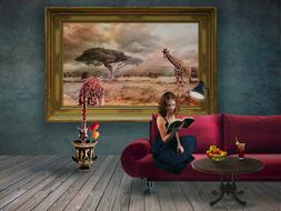clipart of drawn girl reading a book on a burgundy sofa