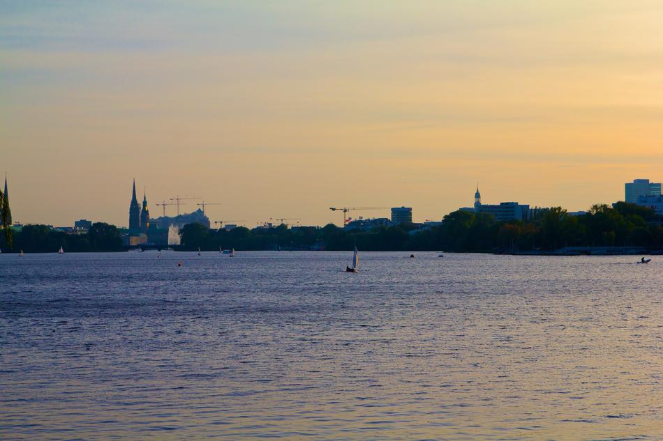 Hamburg Crane Alster lake