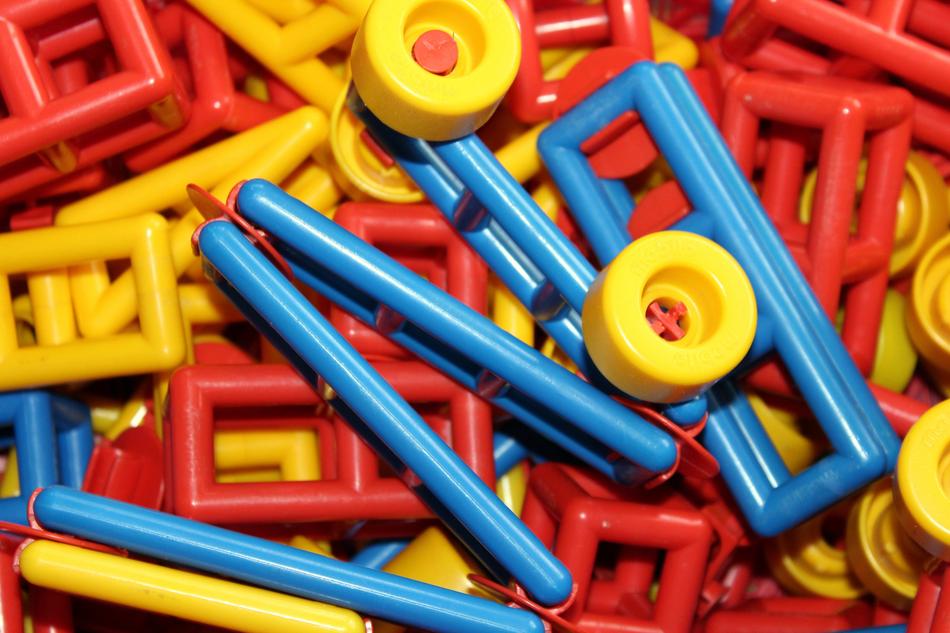 Close-up of the colorful, shiny pads and toys
