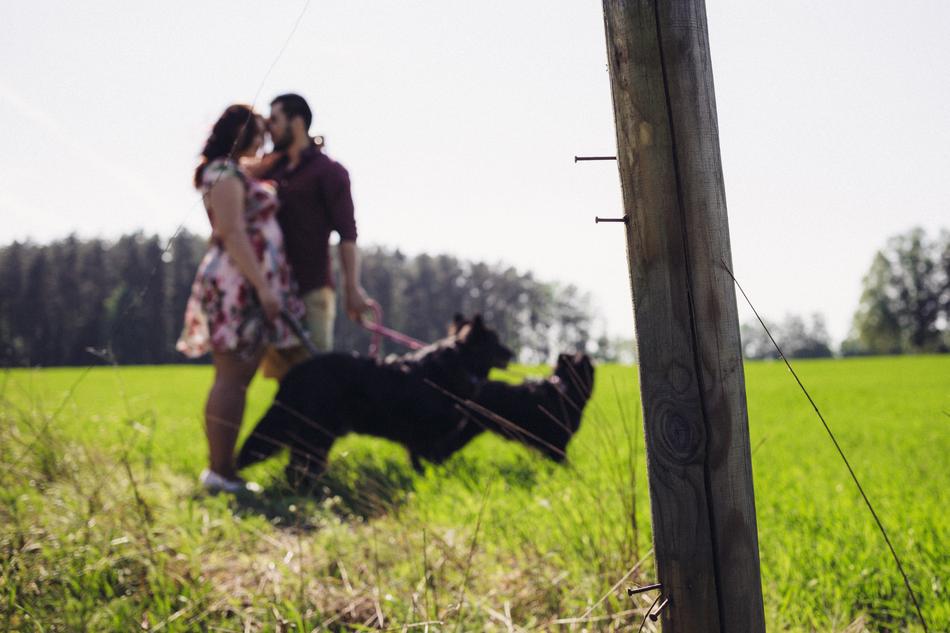 the happy couple in the green meadow by the log.