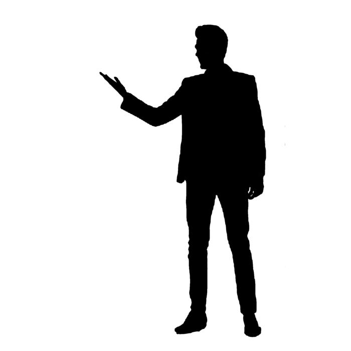 Black silhouette of the man in suit, at white background, clipart