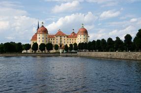 a lake with a building in the park