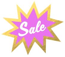 Shiny, gold and purple star with white "Sale" sign, at white background, clipart