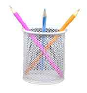 Colorful, wooden pencils in the shiny metal holder, at white background
