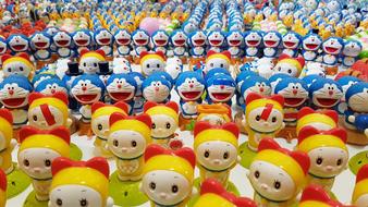 Many colorful toys in the rows
