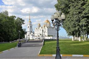 white church on a green background