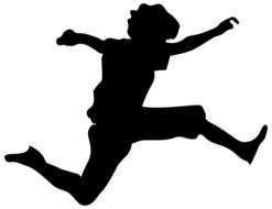 Black silhouette of a jumping boy, at white background, on clipart