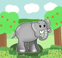Cute, gray elephant, among the colorful and beautiful plants, under the clouds, clipart