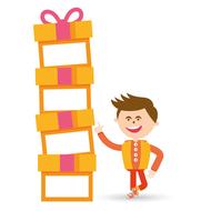 painted boy and a stack of orange gifts