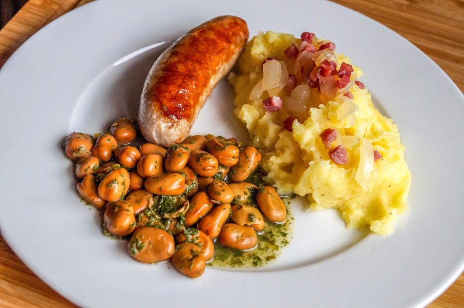Beans Mashed Potatoes Bratwurst