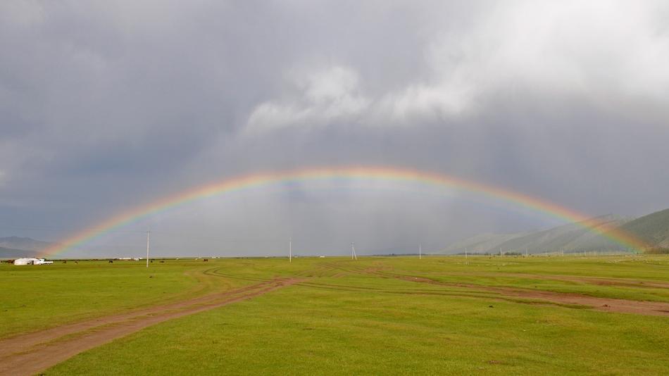 green meadow landscape with rainbow