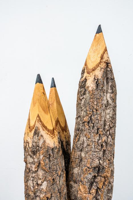 three large wooden pencils on a white background