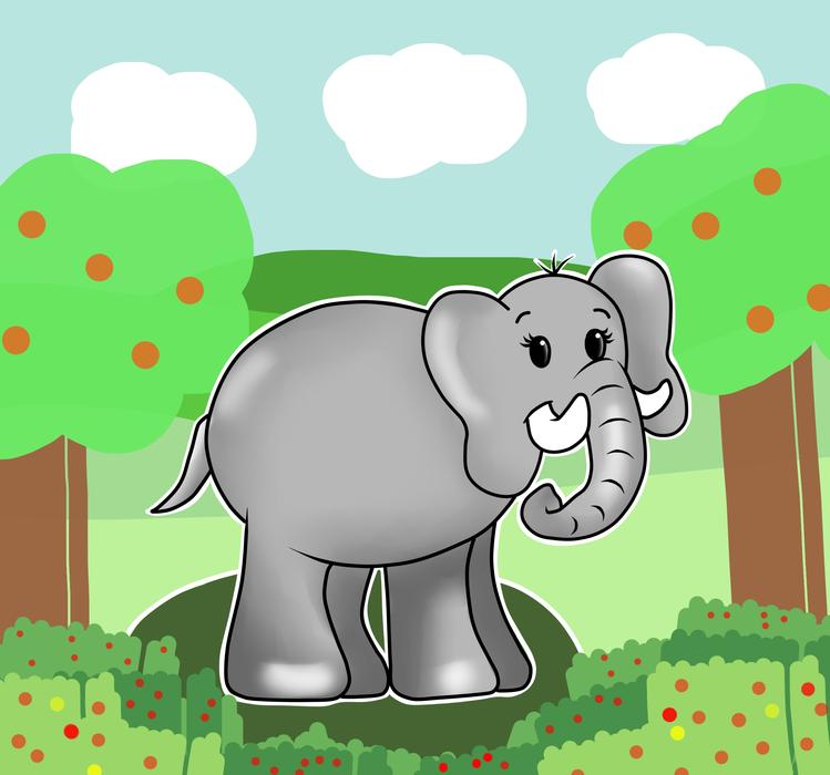 Cute, gray elephant, among the colorful and beautiful plants, under the clouds, clipart