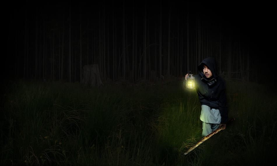 image of a young man with a lantern in a dark forest