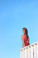 Model Girl red dress blue sky
