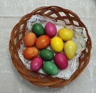 colored eggs in a basket