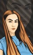 Colorful drawing with the portrait of the girl in blue t-shirt, clipart