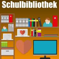 Colorful clipart with the avatar, books and devices, in the school library