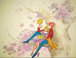 boy and girl sitting on tree branch with books, fantasy, drawing