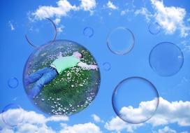 man inside of Soap Bubble at Clouds, collage
