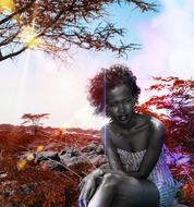 Portrait of the African woman, among the colorful and beautiful plants, in fall, on the landscape