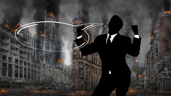 Person, with the megalomania, among the damaged city with the fire, with the smoke, clipart