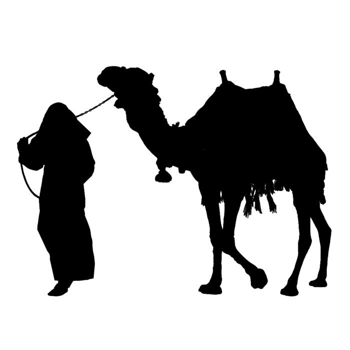 Black silhouettes of the camel and person, at white background, clipart