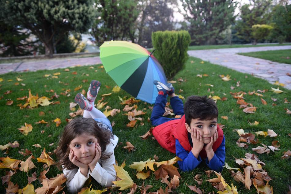 Children, laying on the green field with the colorful leaves, in Kastamonu, Turkey, in autumn