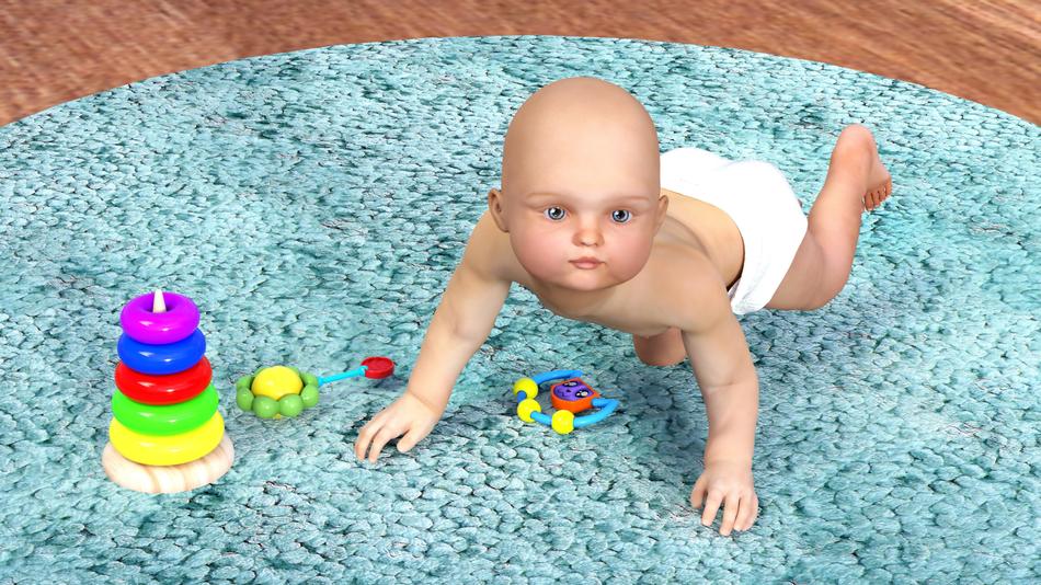 Baby Crawling on carpet with Toys