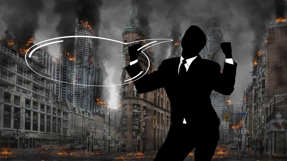 Person, with the megalomania, among the damaged city with the fire, with the smoke, clipart