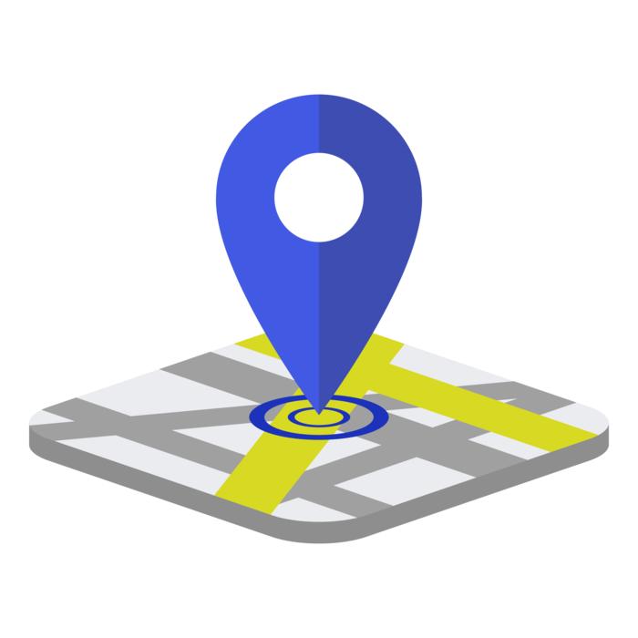 Blue GPS sign, on the colorful map, at white background, clipart