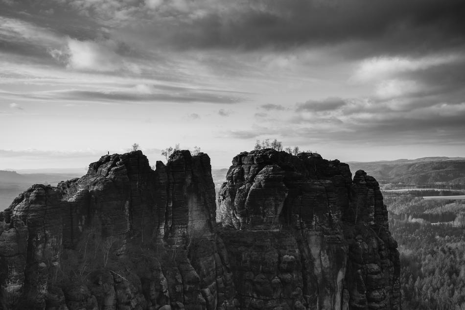 high cliffs against a gray sky