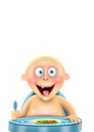 Clipart of the smiling, eating boy white sitting on the blue chair, at white background