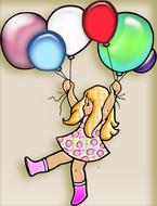 Blonde girl, flying on the shiny, colorful balloons, clipart