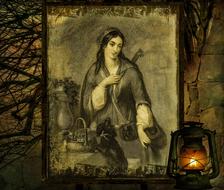 Portrait of the woman, near the orange and yellow lamp, in England