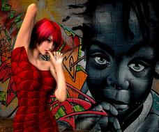 a girl in a red dress with graffiti in the background